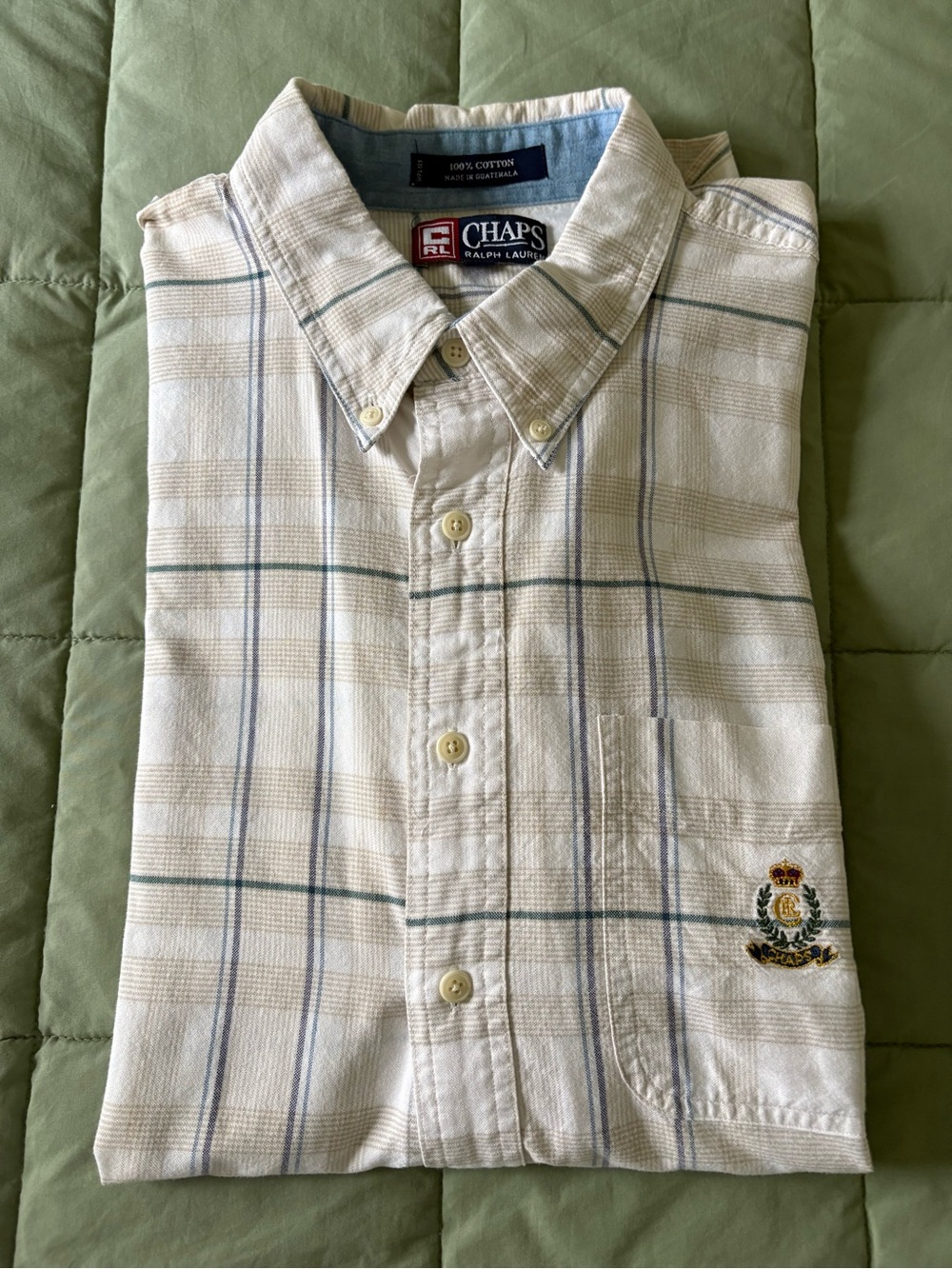Ralph Lauren Cream Plaid Button-Down Shirt with Blue & Green Stripes - Picture 1 of 4